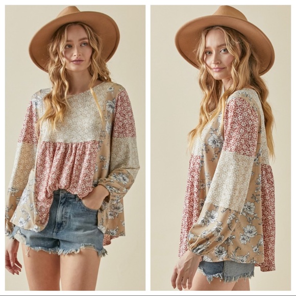 Long Sleeves Color Block Boho Chic Floral Top - Picture 6 of 8